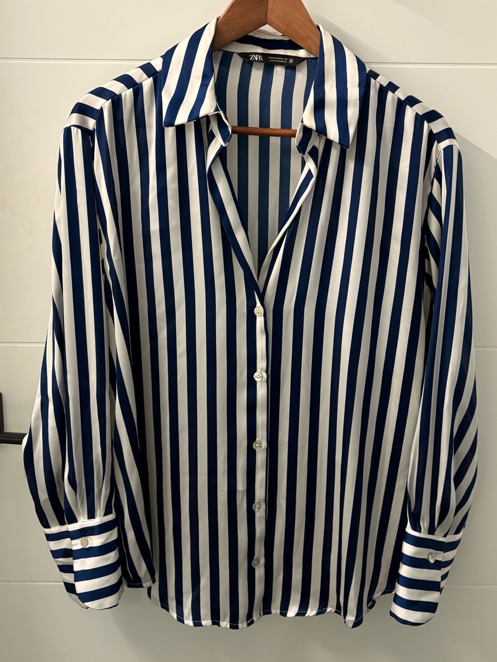 Zara Royal Blue & White Vertical Stripe Satin Blouse